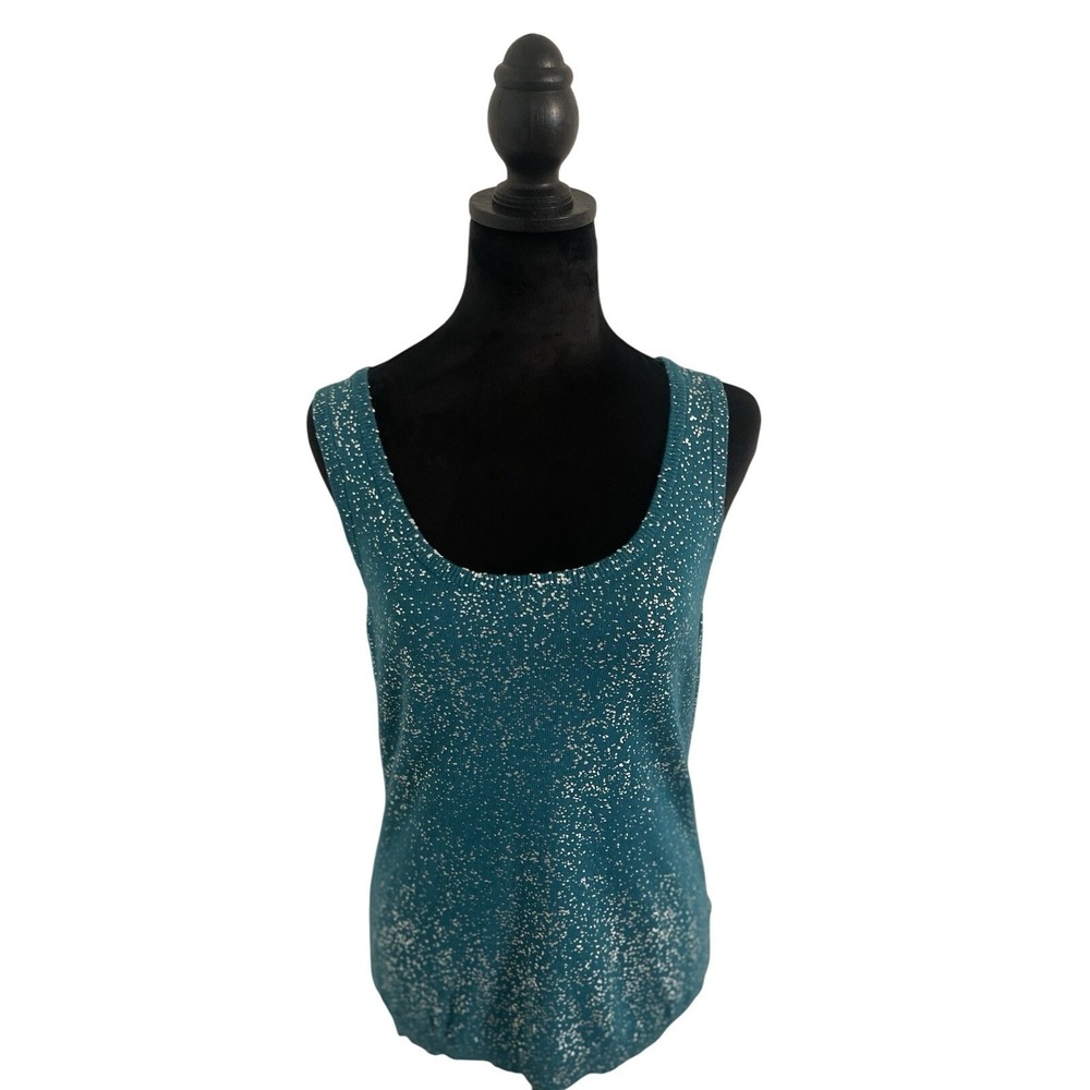 Calvin Klein Womens Teal‎ Silver Metallic Foil Splatter Knit Tank Top M NWT